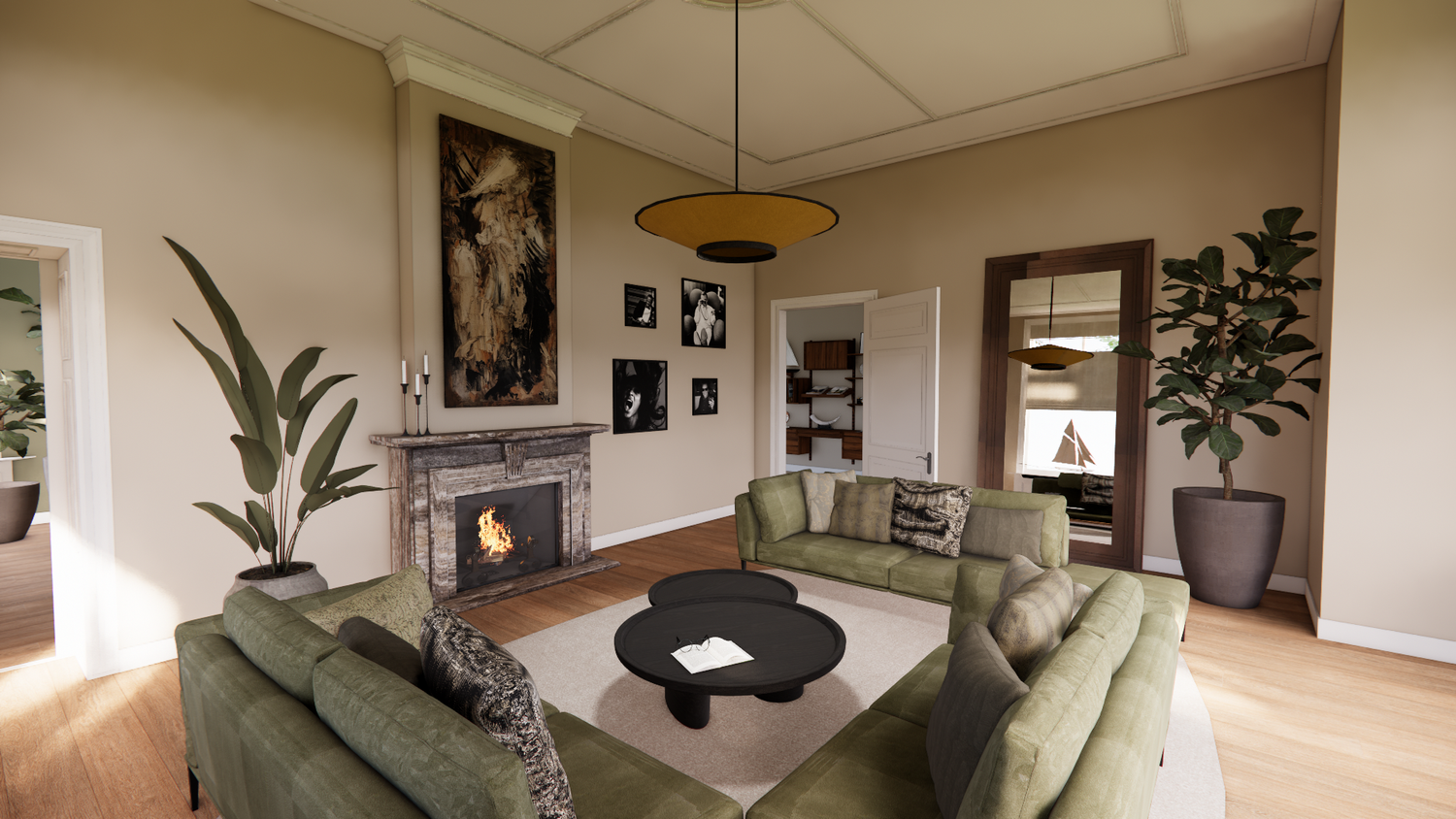 Elegant living space with sage green sectional, modern fireplace, and pendant lighting.