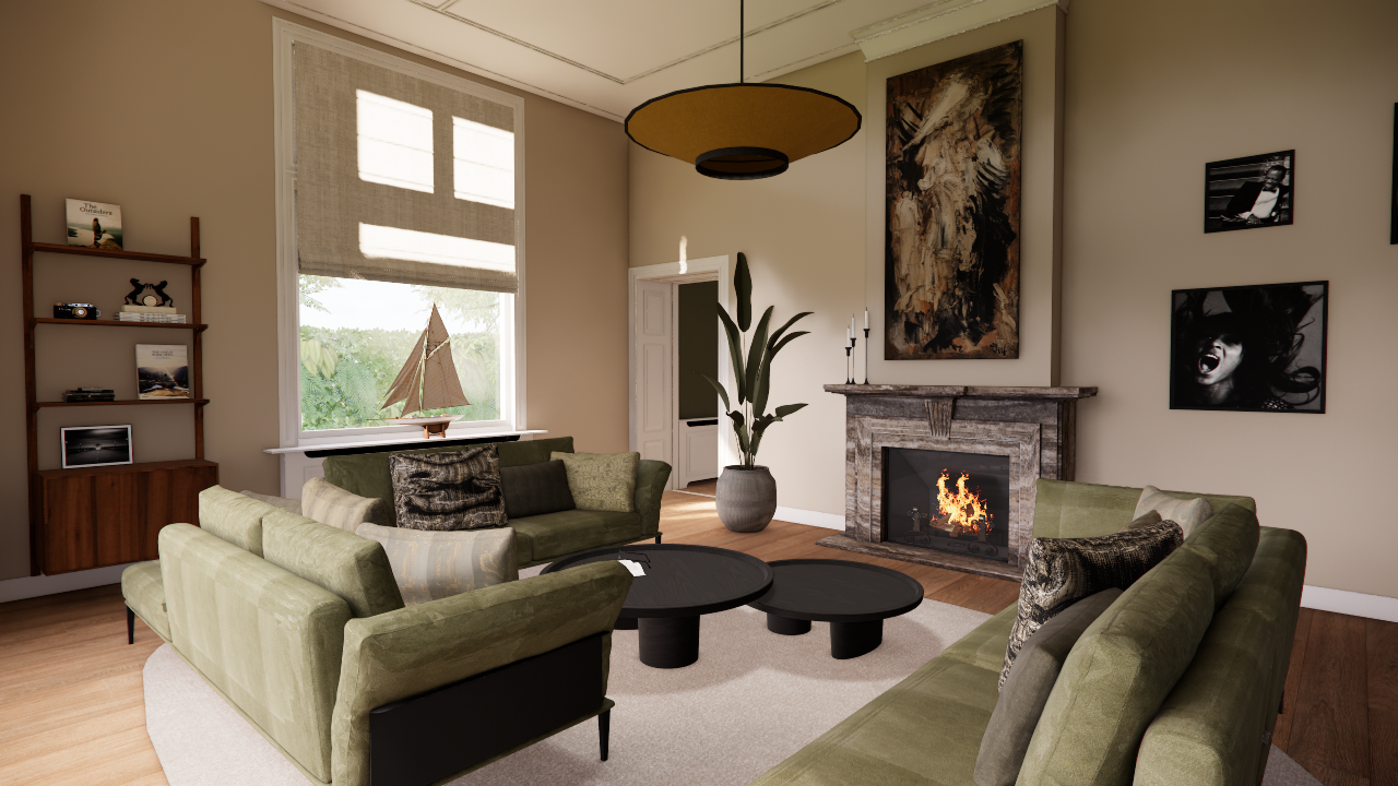 Modern living room with green sectional sofas, black coffee table, and fireplace under tall windows.