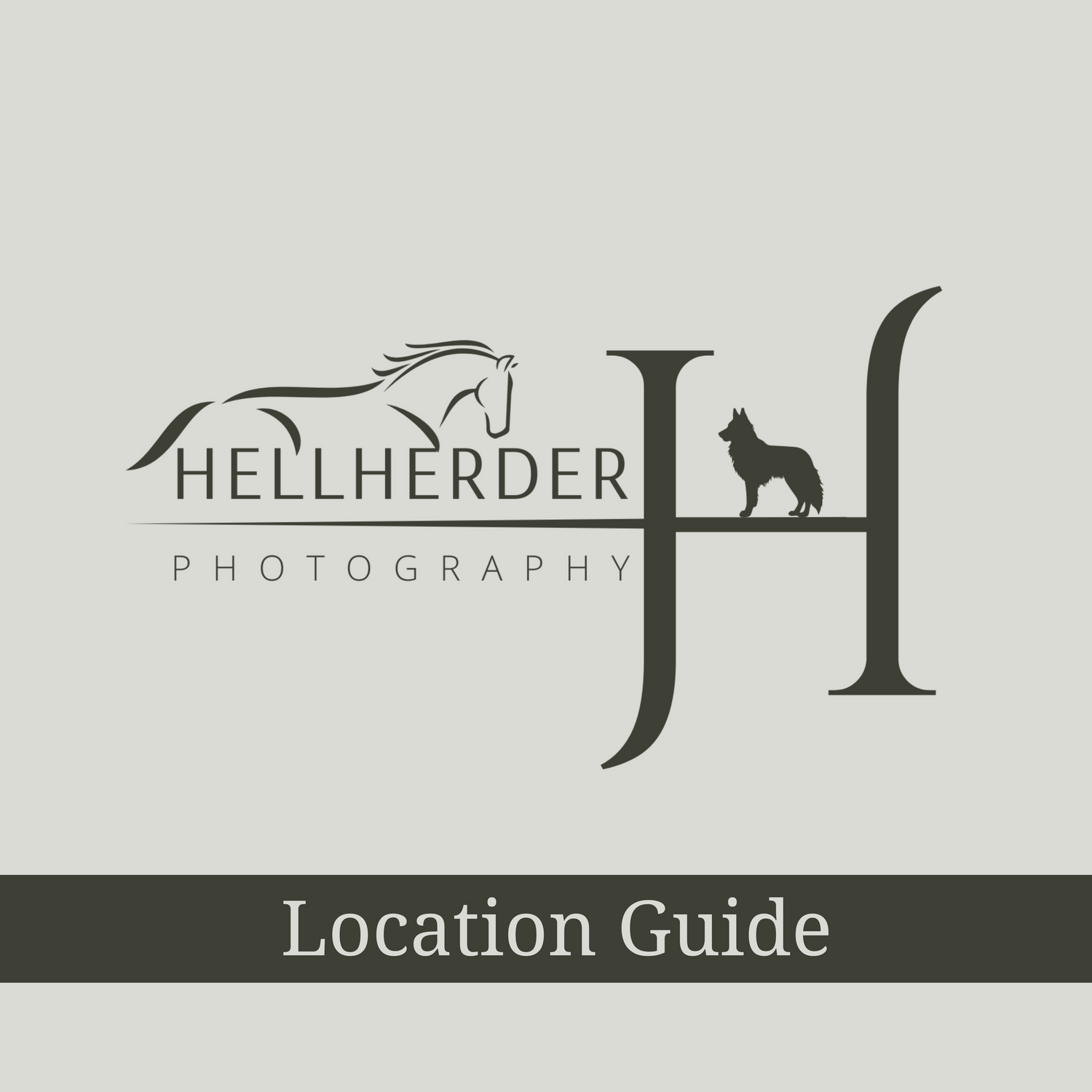 Minimalist photography brand logo and location guide header in grey tones.