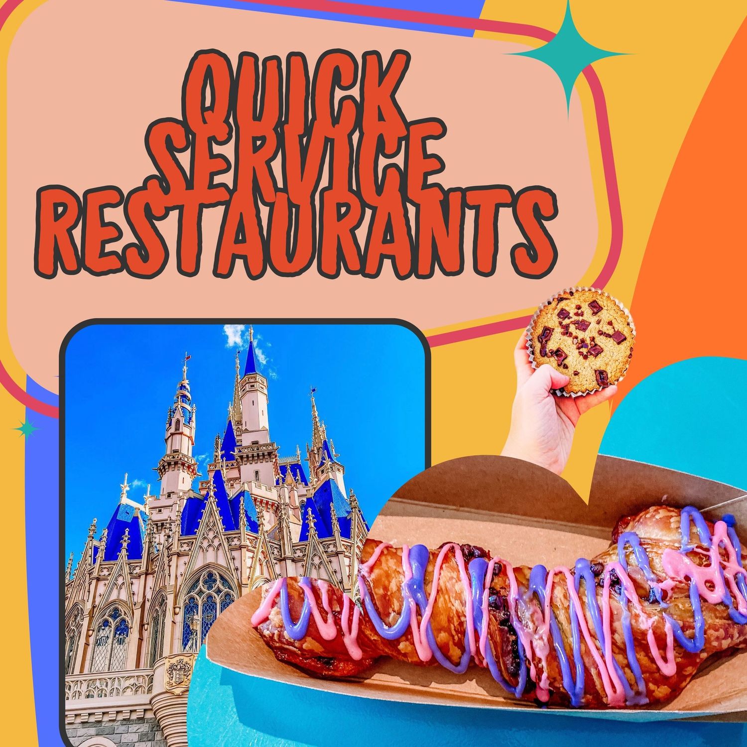 Colorful banner showcasing Disneyland attractions with castle silhouette and themed restaurant icons in vibrant orange and blue.