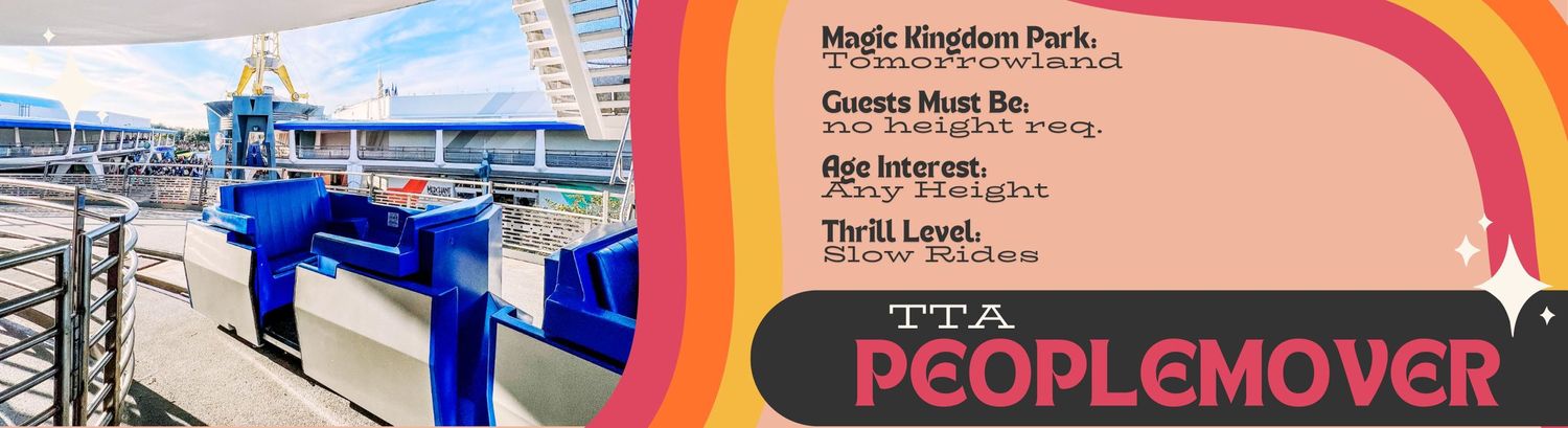 Colorful Disney's Peoplemover attraction sign and entrance with bright geometric patterns and blue railings at Magic Kingdom.
