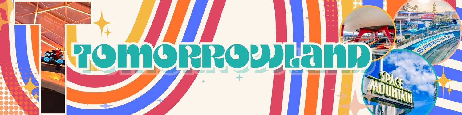 Retro Space Mountain style Tomorrowland sign with colorful stripes and futuristic design at Disney theme park.