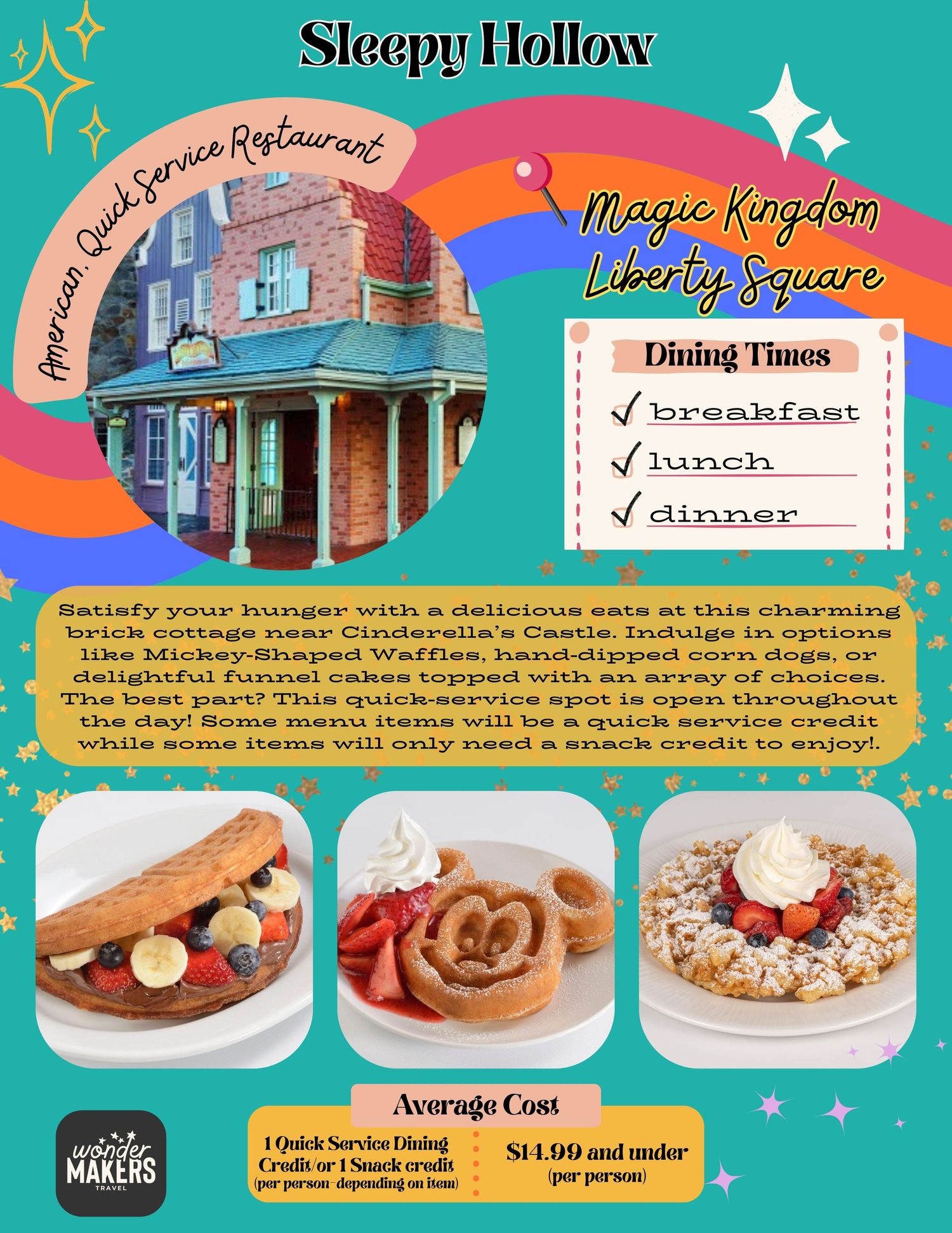 A retro-style menu design for Sleepy Hollow restaurant featuring dining times and food photos with a magical kingdom theme.
