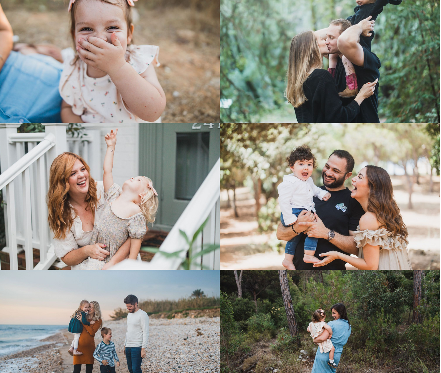 Candid outdoor family photography moments showing joyful interactions by the beach and in nature.