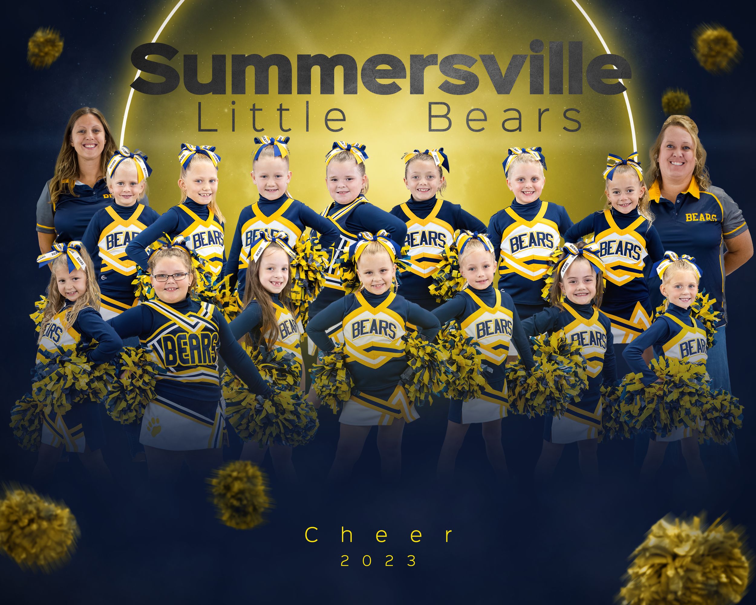 Summersville Little Bears cheerleading team poses in blue and yellow uniforms against a dark background.