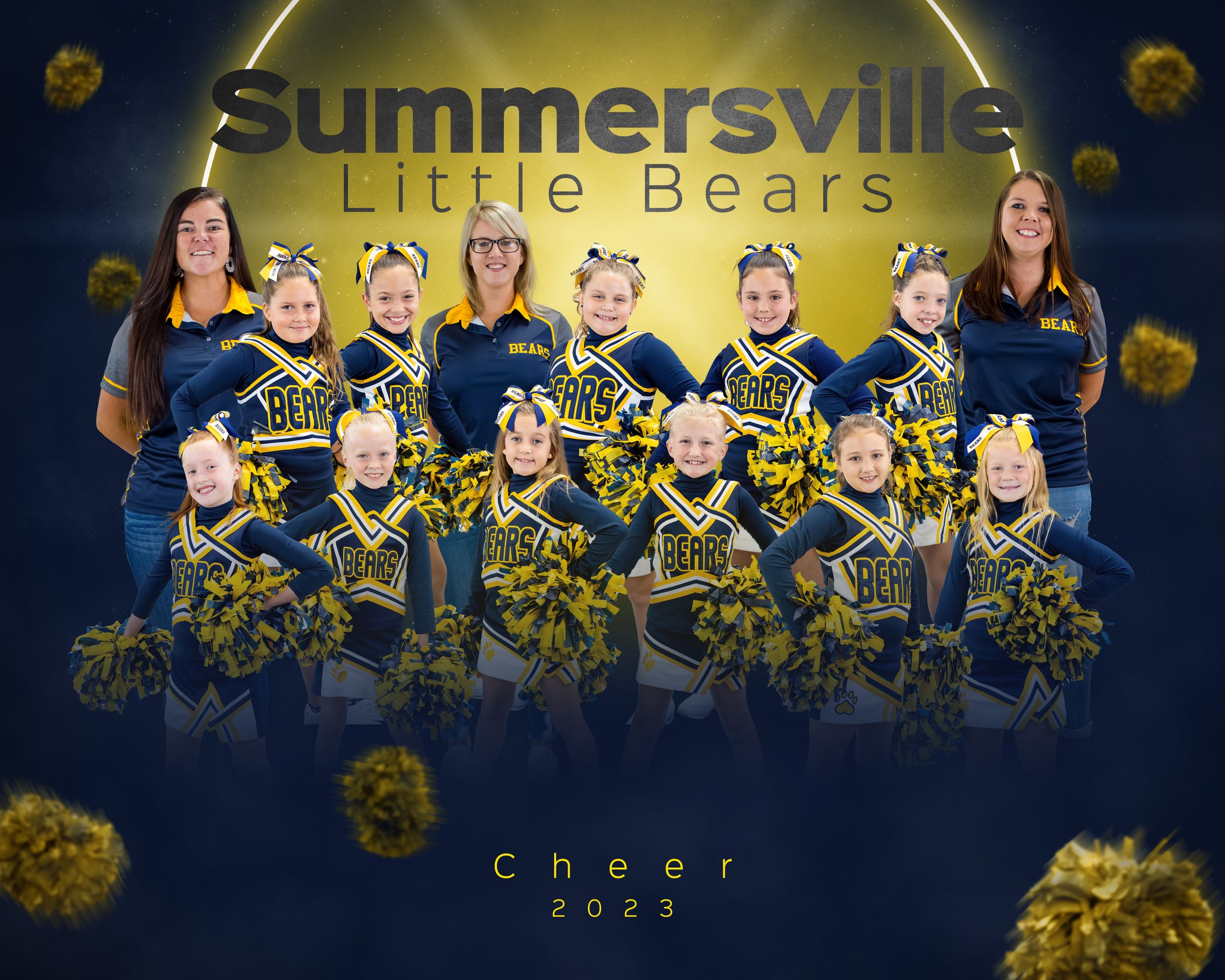 Youth cheerleading squad in blue and gold uniforms poses for team photo with coaches.
team and individual 
composite 
football