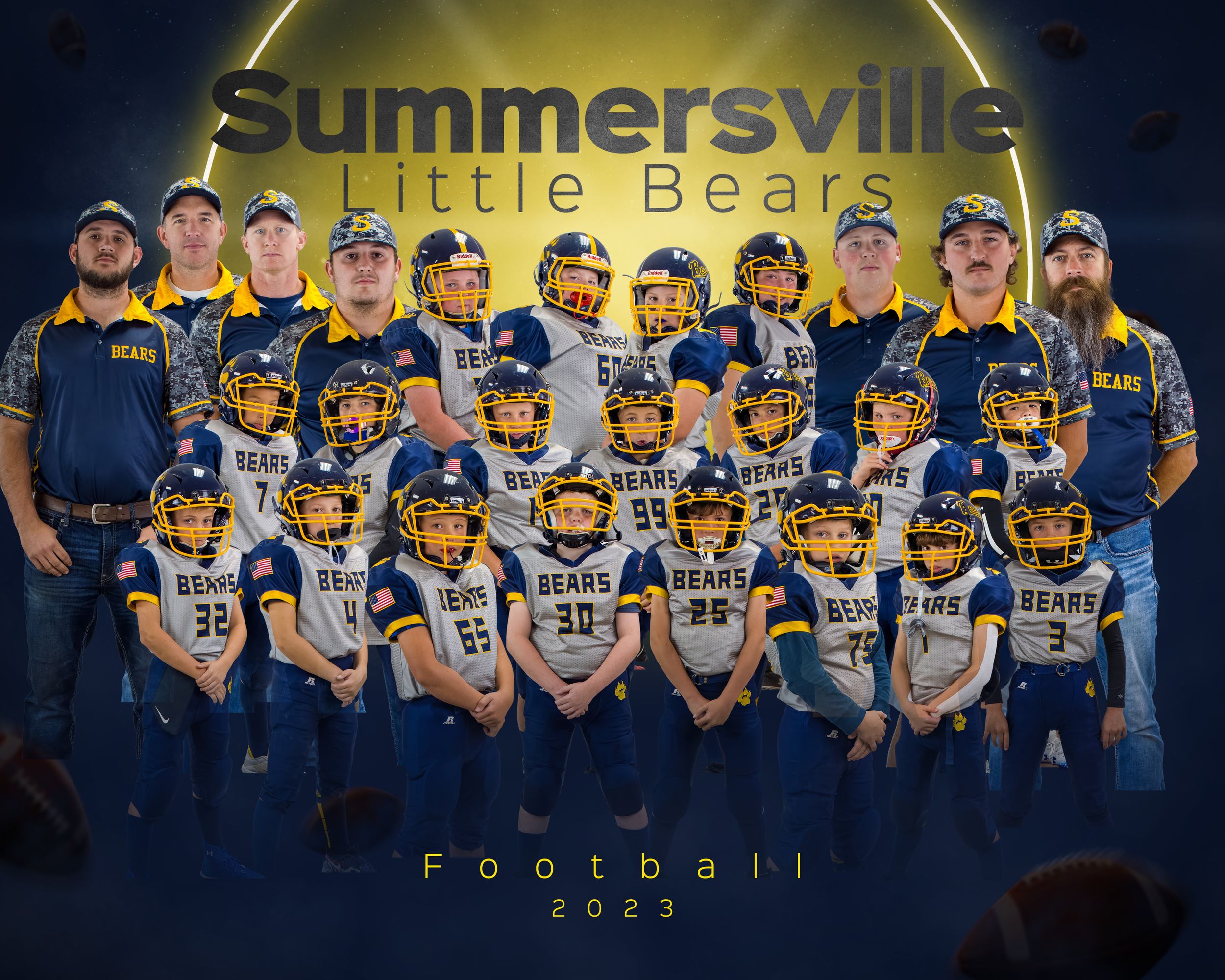 Little Bears football team and coaching staff pose in white jerseys for official photo.
team and individual 
composite 
football