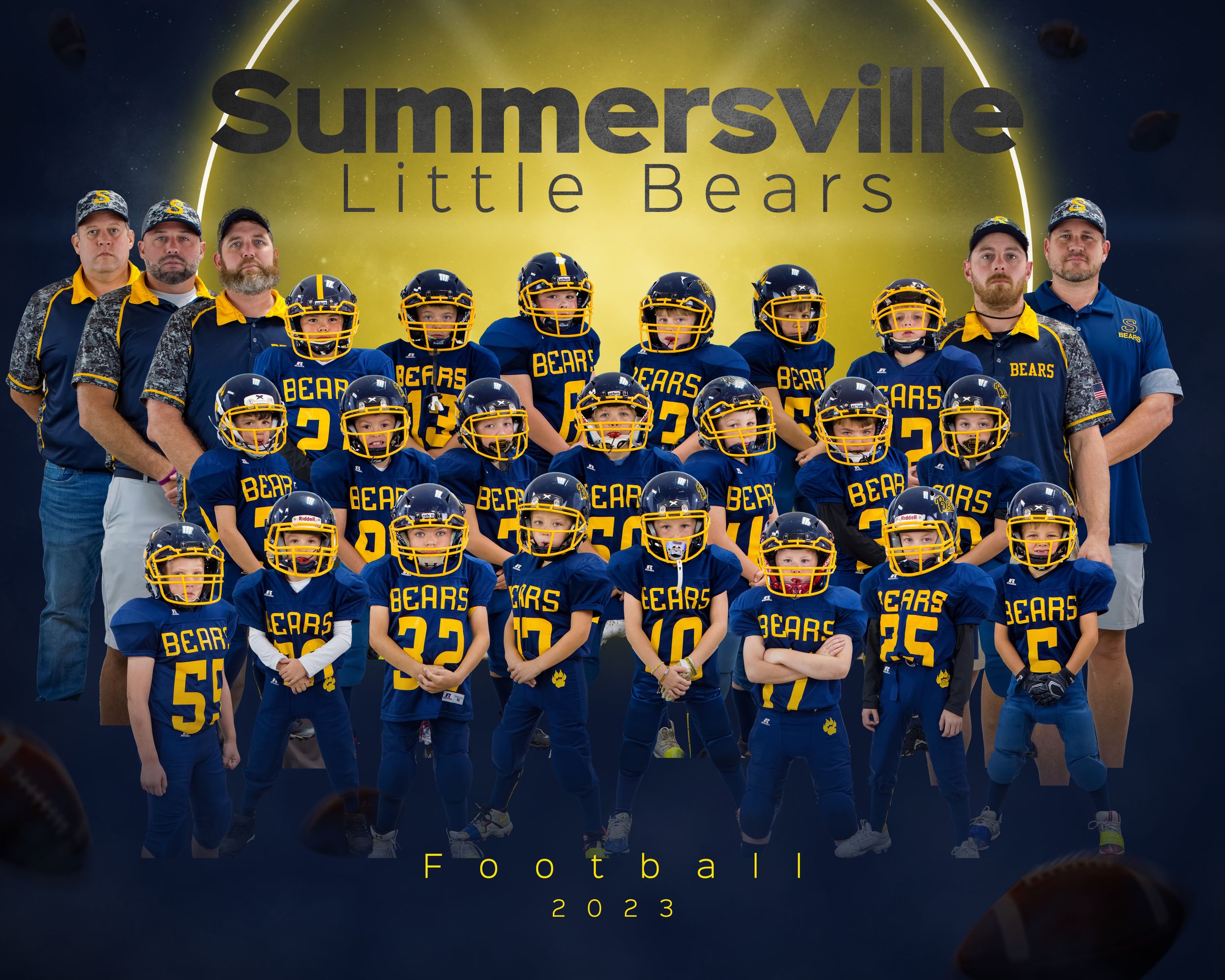 Football team and coaches stand in formation wearing navy and gold uniforms for team photo.
team and individual 
composite 
football