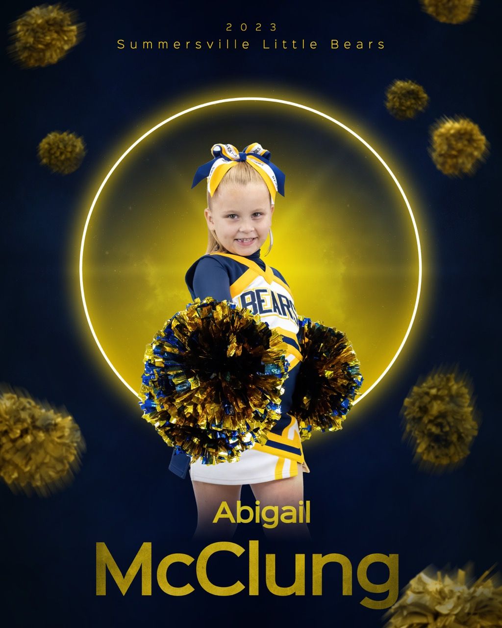 Youth cheerleader poses with pom poms against glowing yellow circle backdrop.