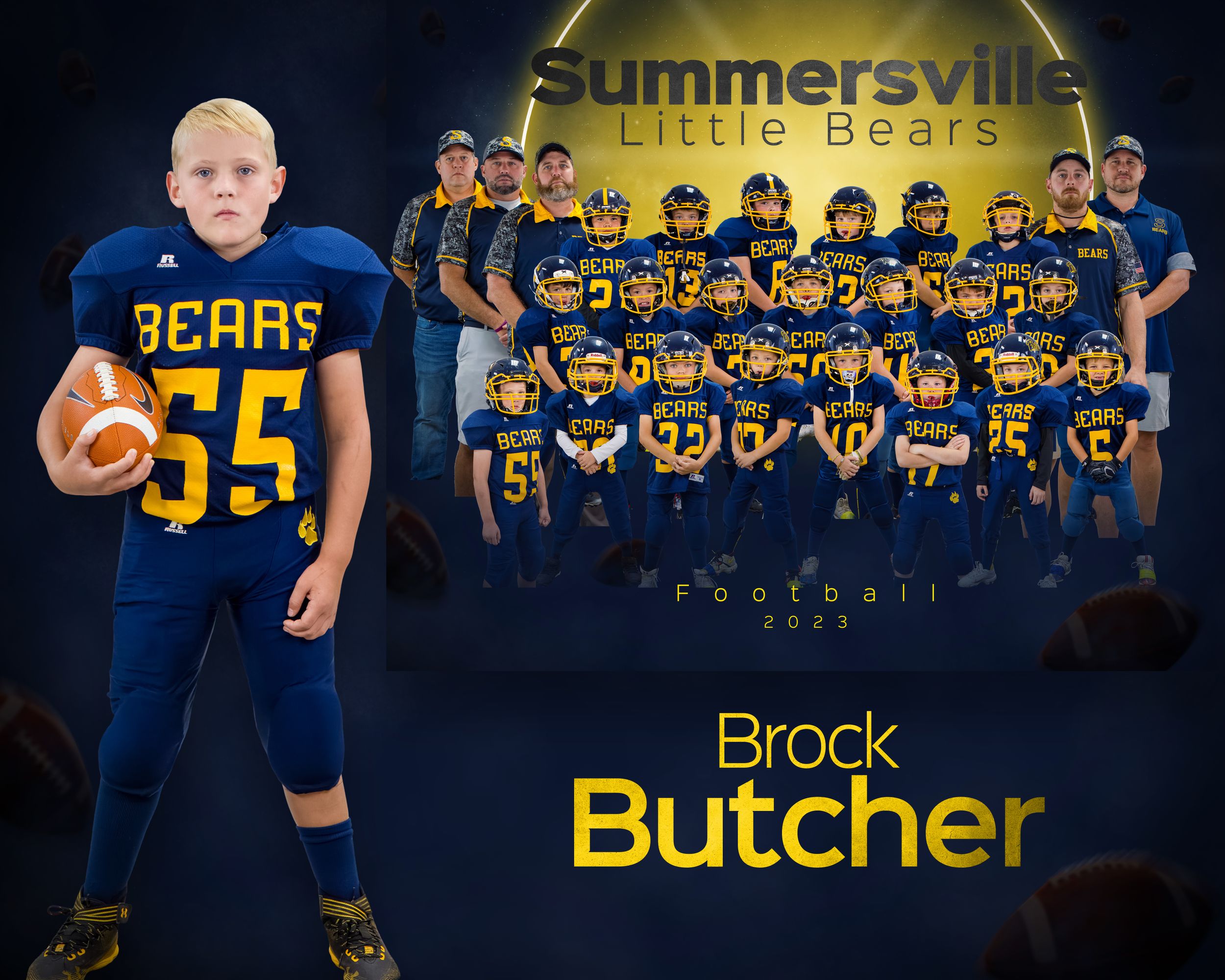Youth football player and team composite photo in navy blue uniforms.