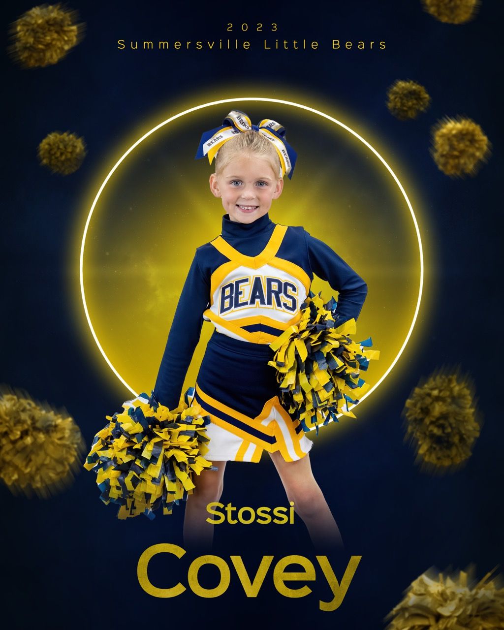 Young cheerleader in navy and gold uniform poses with pom poms against illuminated background.
team and individual 
cheer