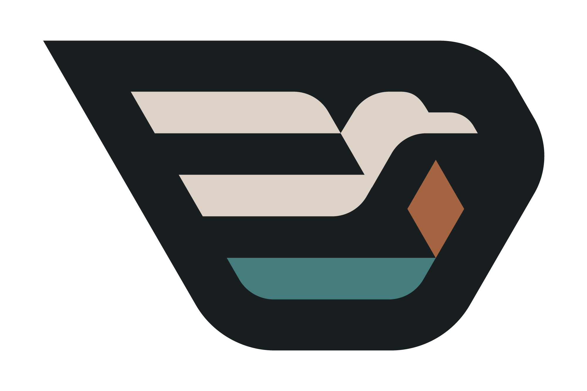 Minimalist logo design of a stylized duck or bird in black, teal and brown with geometric shapes.