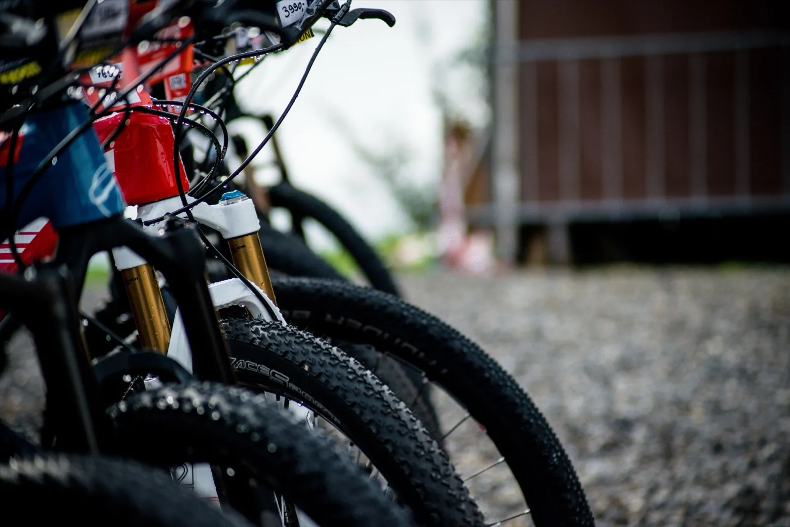 Alignement de VTT de descente, roues avant bien en évidence sur un sol gravillonné, prêts pour la course.