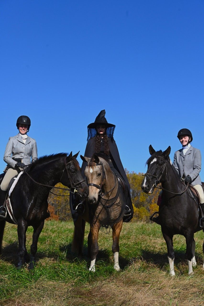 a black horse and rider, a buckskin horse with rider in a witch costume, and a black paint horse and rider after completing a "witch hunt"