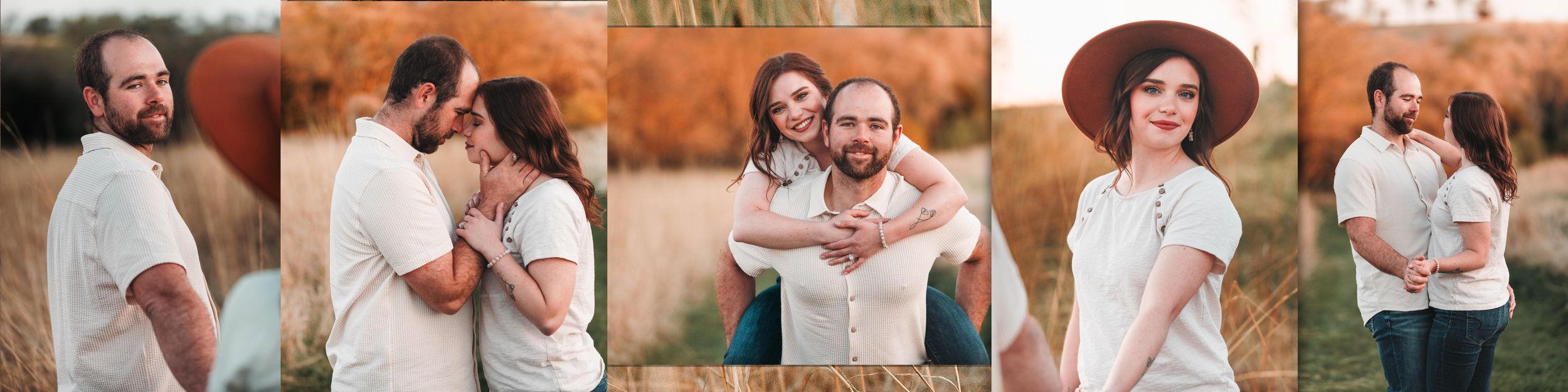 A series of candid outdoor portraits showing affectionate moments between people against a warm autumn backdrop.