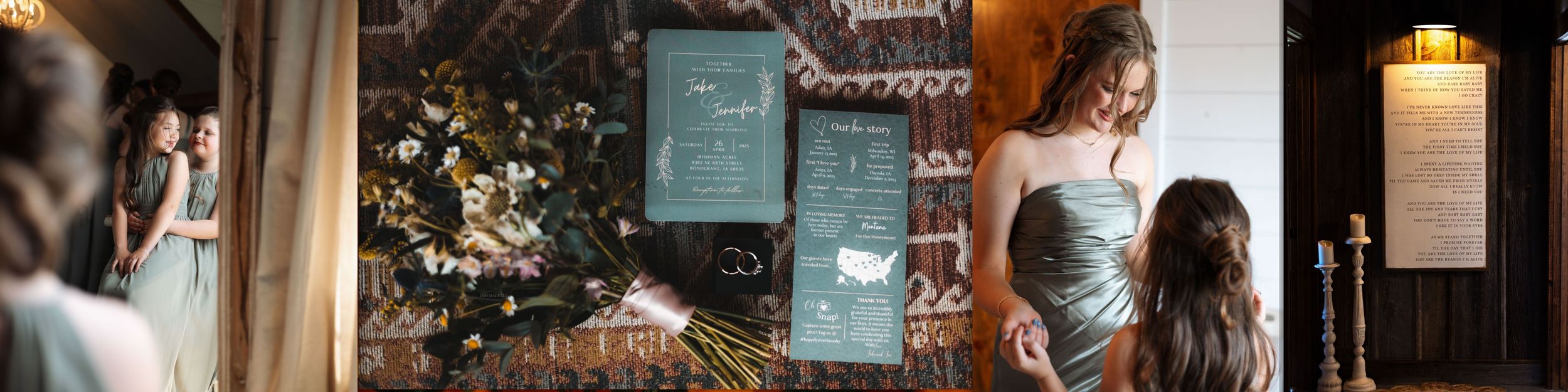 Romantic evening ambiance with couple, invitations and candlelit decor in rustic wedding venue setting.