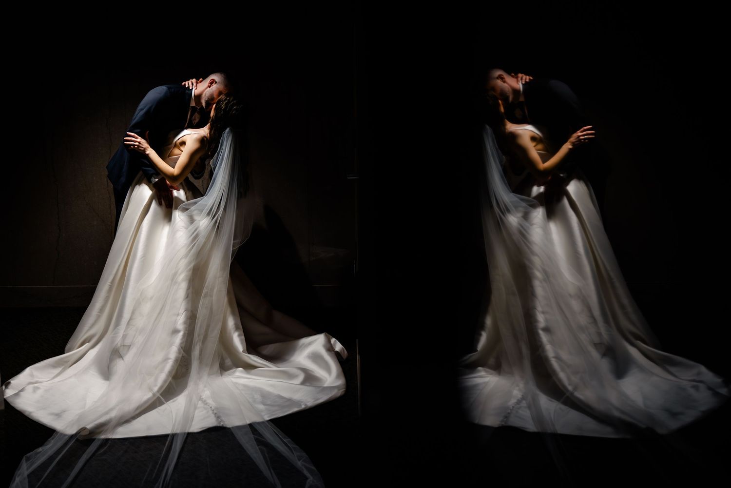 Artistic double exposure portrait of bride in flowing white dress against dark background with mirror reflection.