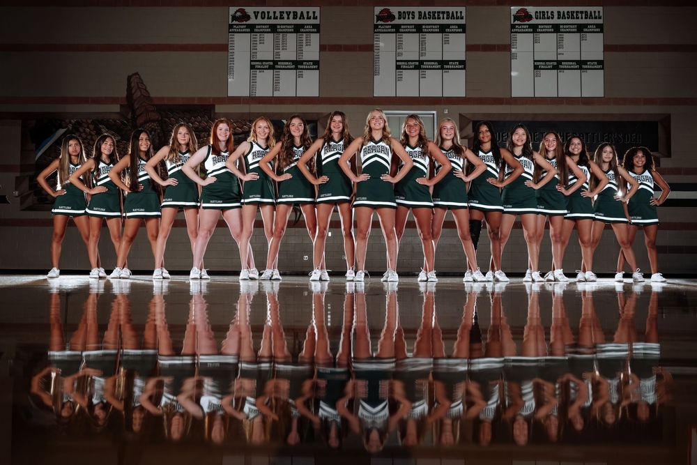 Sports team members lined up on dark stage for group photos with matching uniforms in multiple arranged poses.