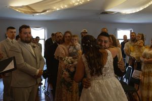 Wedding reception party in full swing with guests dancing on the dance floor.