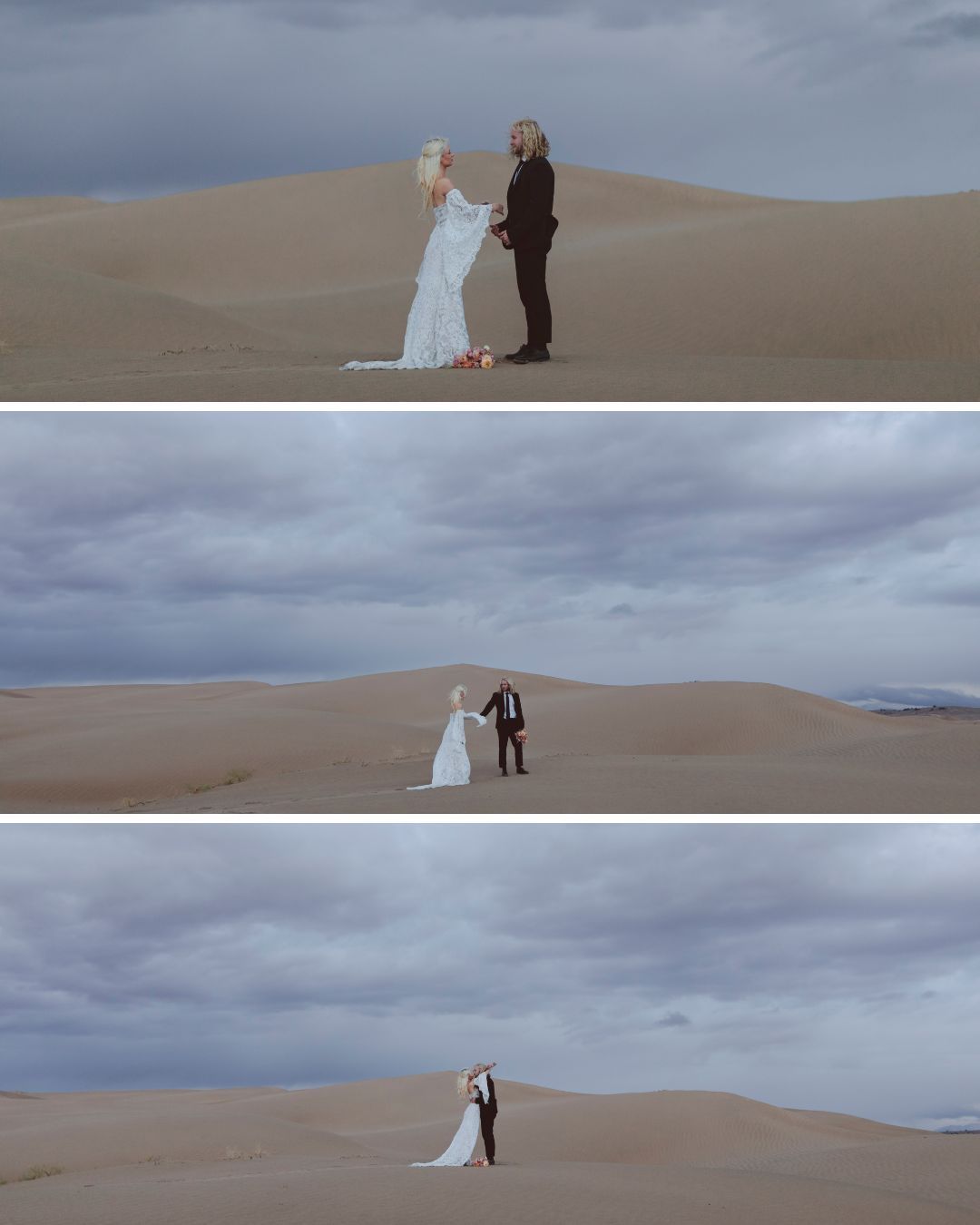 couple exchange vows among the sandunes and moody skies