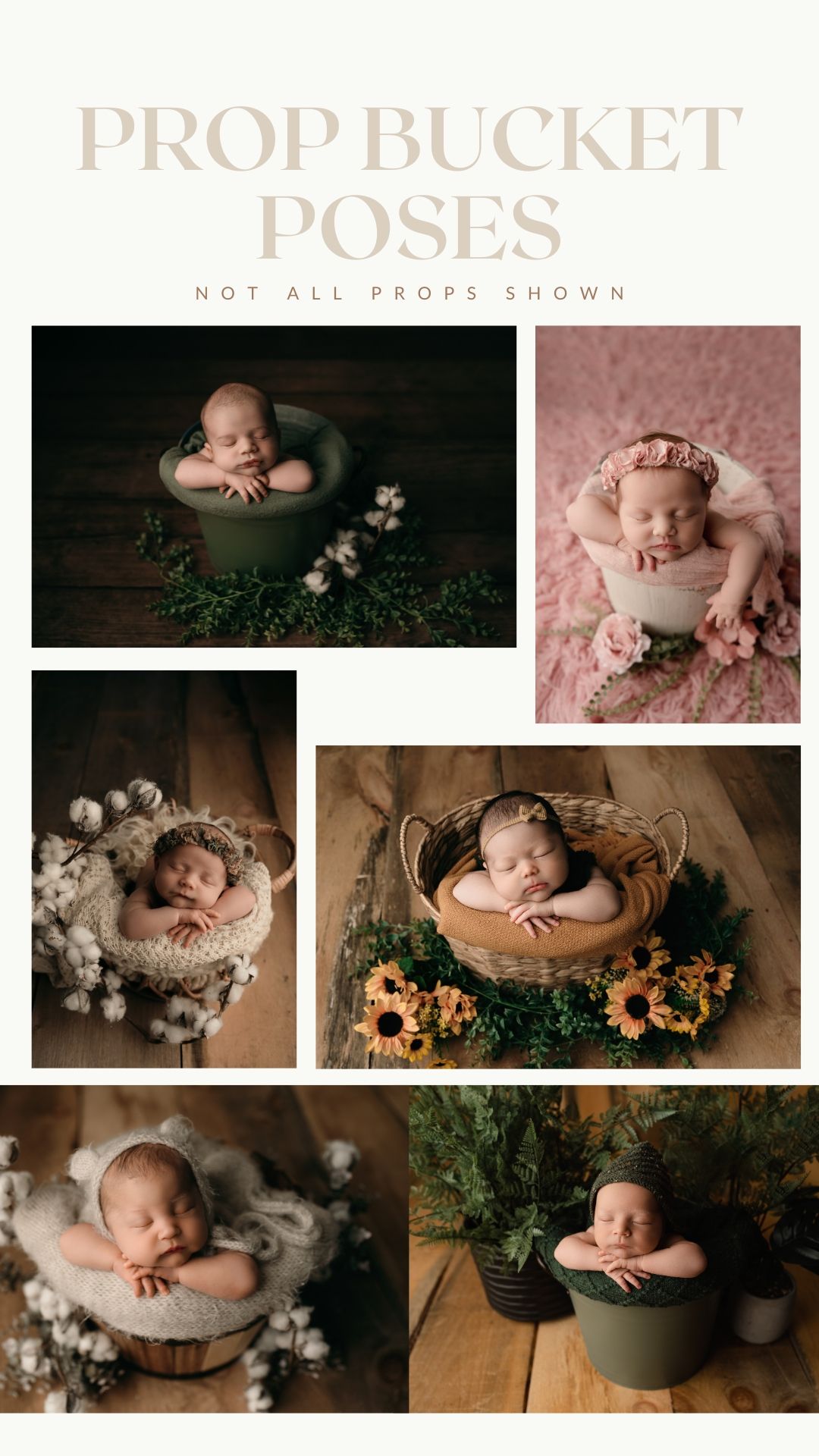 Newborn photography poses showcase babies nestled in rustic buckets and bowls with floral and natural decorative elements.