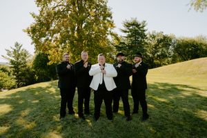 Wedding party poses formally on hillside with golden autumn trees in background.