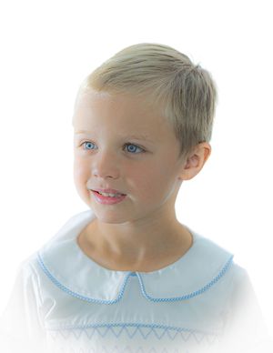 A child in a light blue collared outfit poses for a portrait photo.