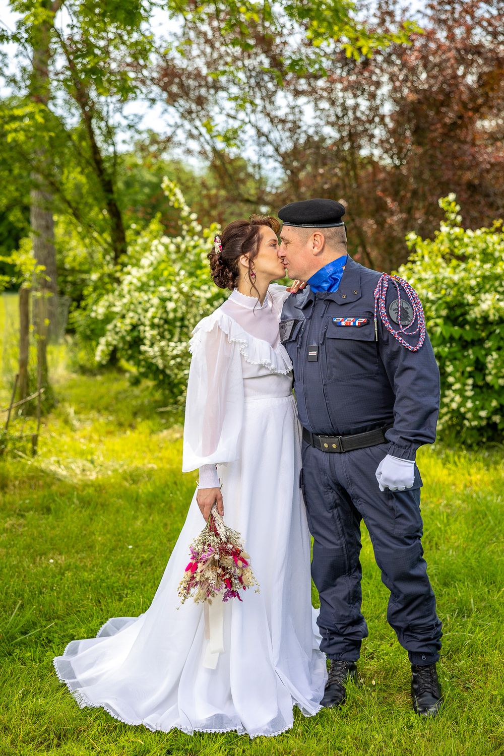 Wedding photography sequence showing romantic moments in a sunlit garden setting.