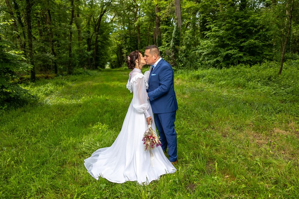 Wedding photography sequence in a sunlit garden with green trees and grass.