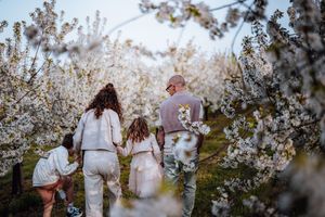 Een familie in witte outfits loopt door een bloeiende voorjaarsboomgaard met witte kersenbloesems.