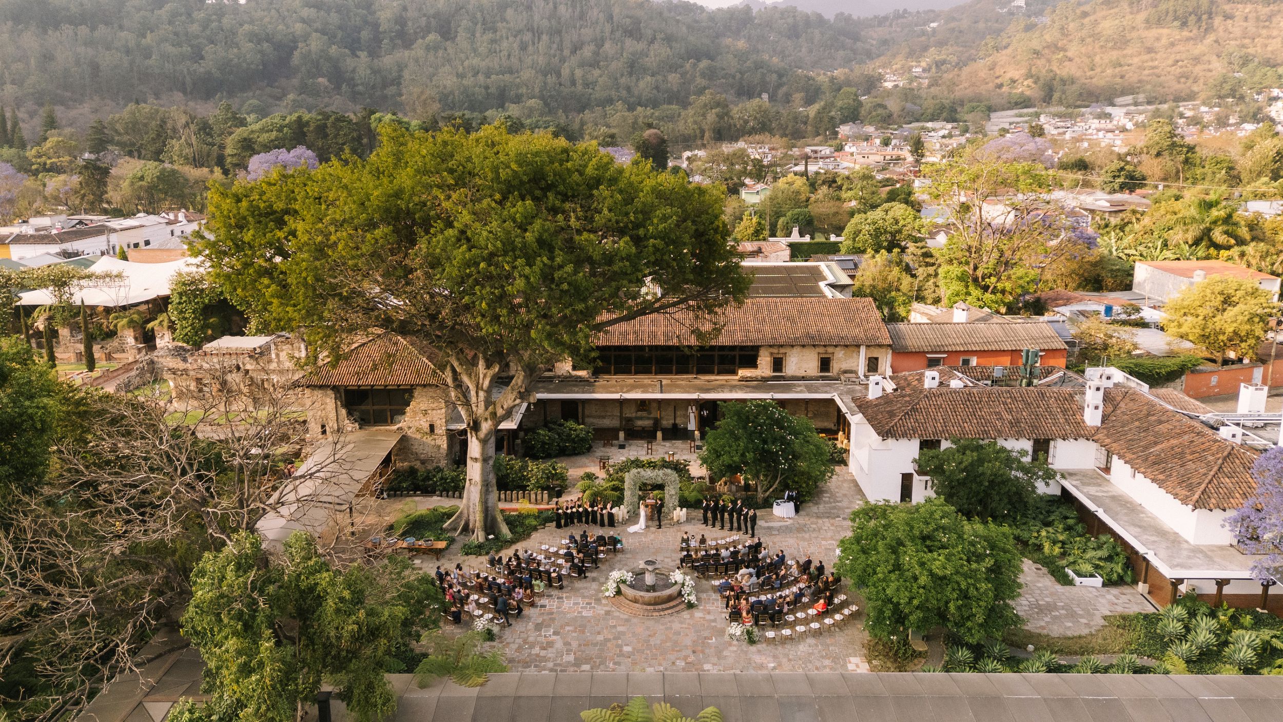Aerial photo of an outdoor wedding ceremony at Casa Santo Domingo, Antigua Guatemala