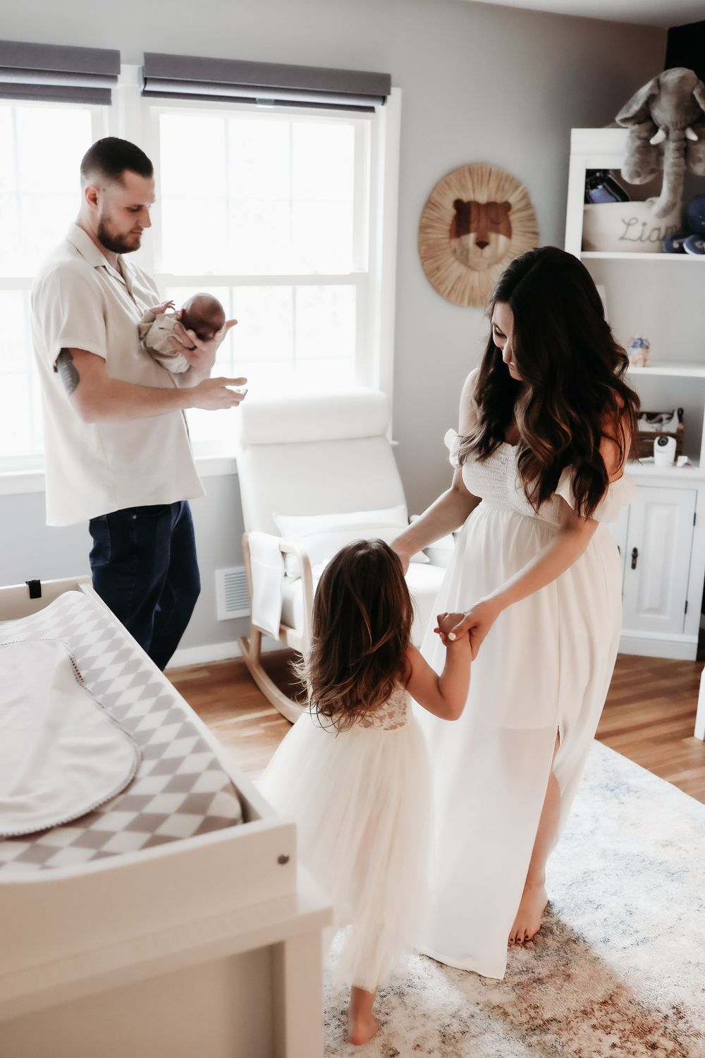 A series of candid photos showing a pillow fight scene in a sunlit bedroom with natural decor elements.