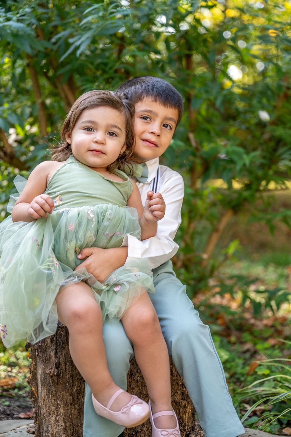 Two young siblings in formal attire sit on a tree stump in a lush garden, the older boy hugging his baby sister.