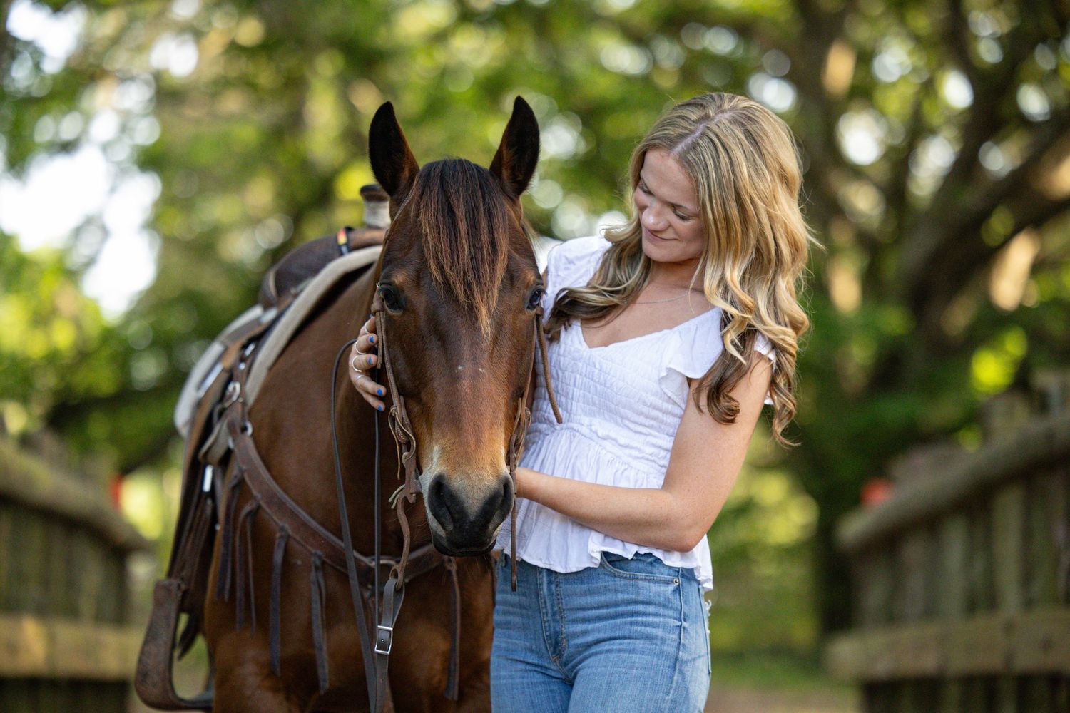 Horse and rider interacting in a sunny outdoor setting with green trees in background.