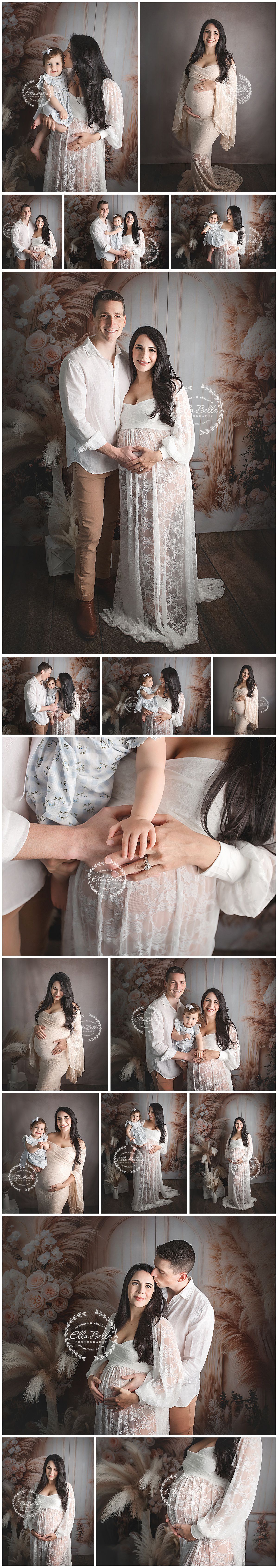 Romantic maternity photo session featuring couple in white lace dress and casual attire against floral backdrop.