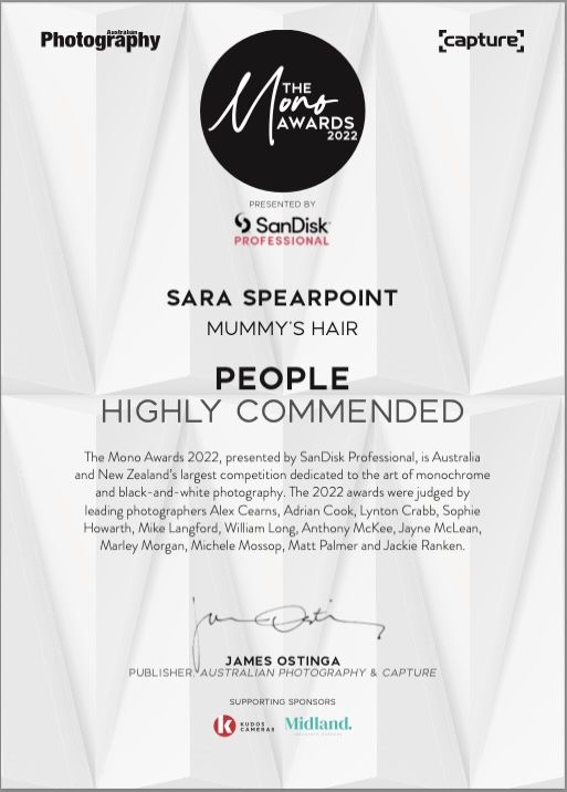 SanDisk Professional Mono Awards certificate for highly commended achievement in People category.