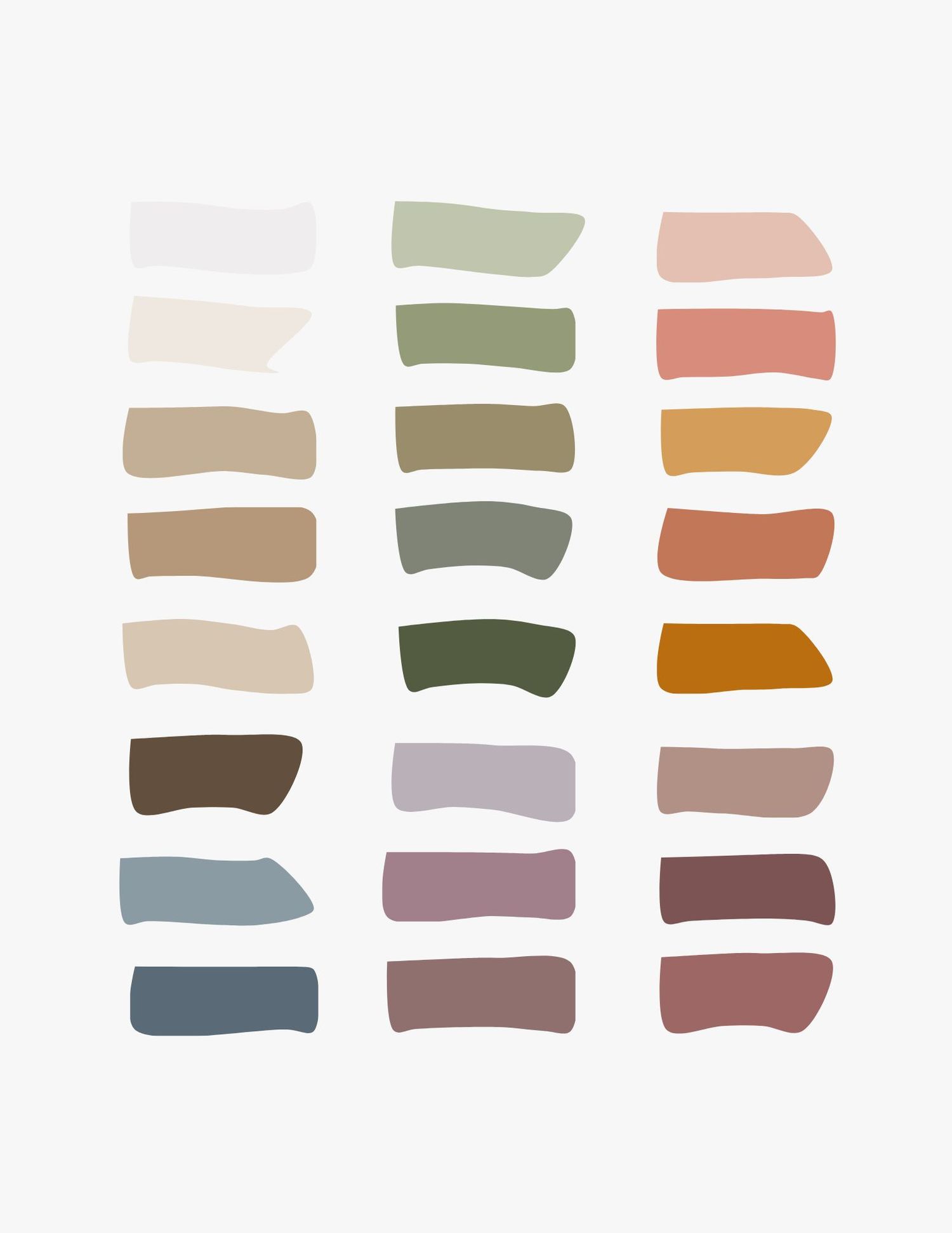 A color palette featuring muted earth tones including beige, brown, sage green, and dusty rose rectangles in a row.