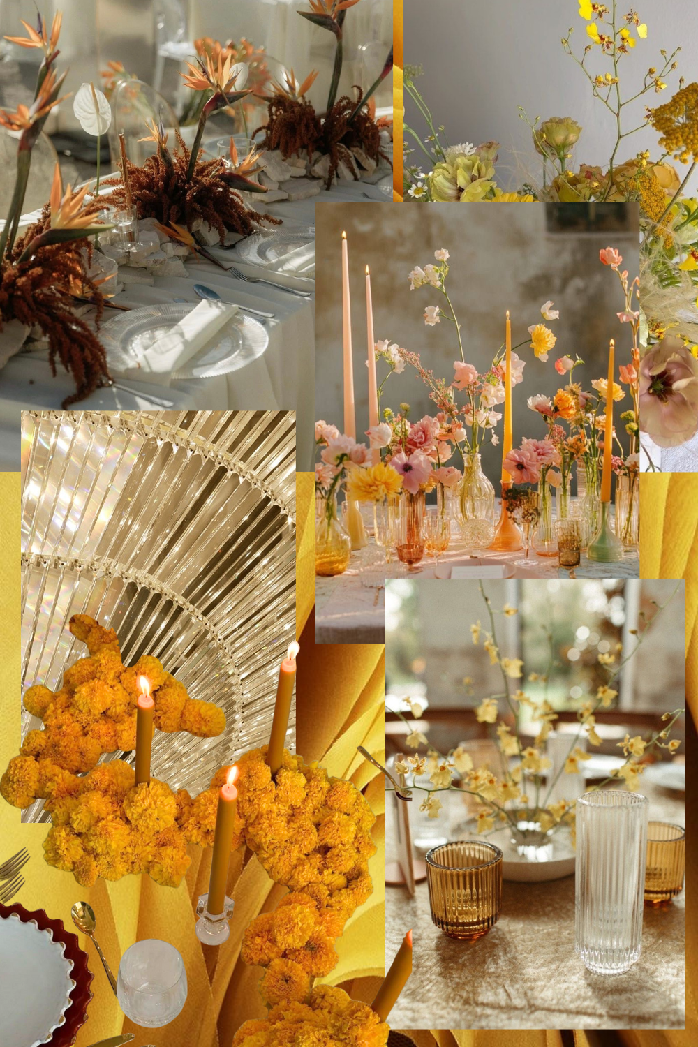Elegant table settings featuring dried flowers, candles, glassware and yellow floral arrangements in a warm autumn mood.