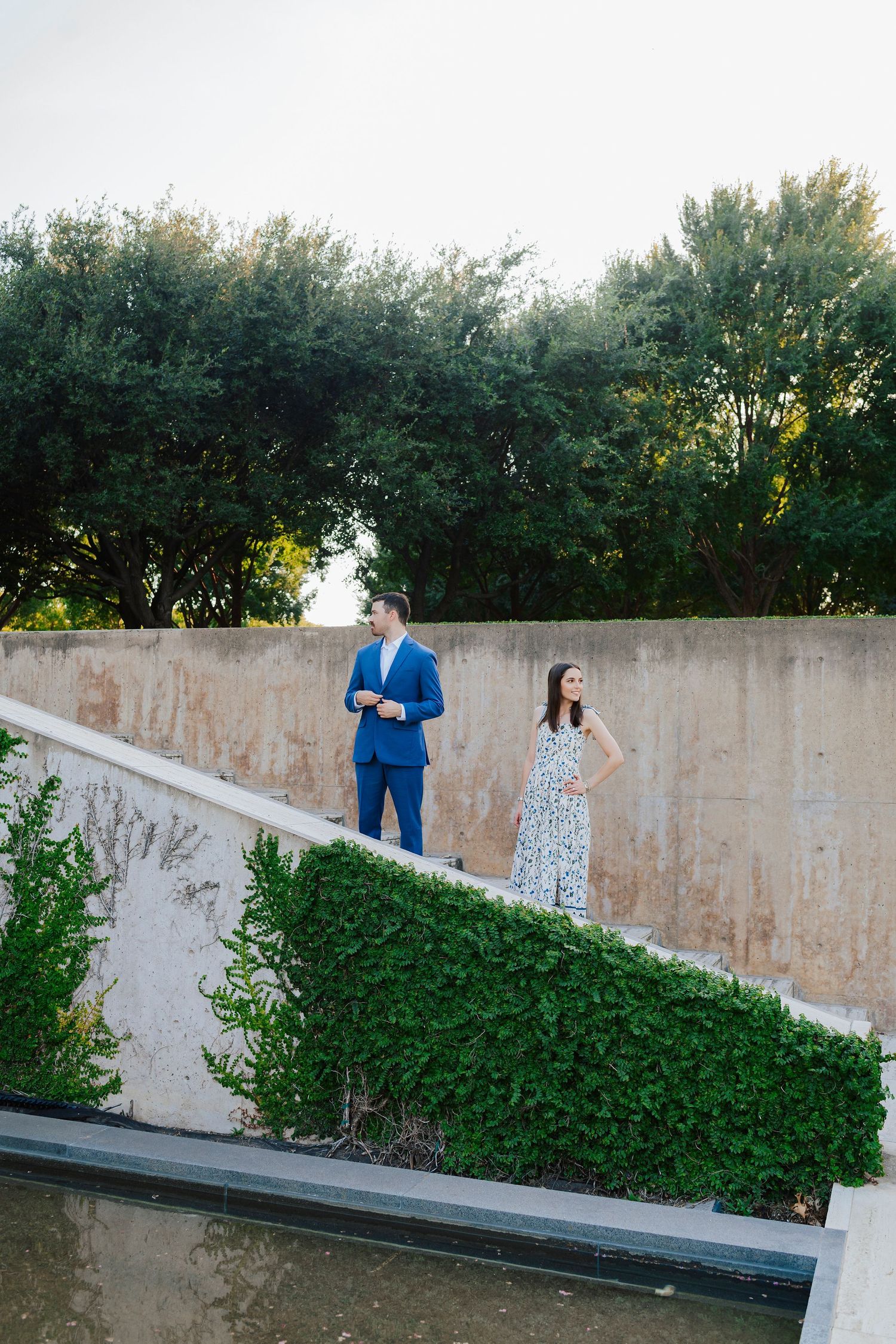 Romantic engagement photo outside Kimbell Art Museum, top engagement photo location in DFW