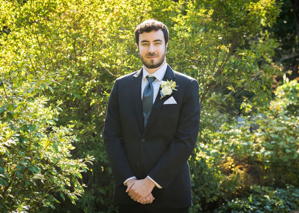 Elegant wedding photos taken outdoors with lush greenery and natural sunlight creating a romantic atmosphere.