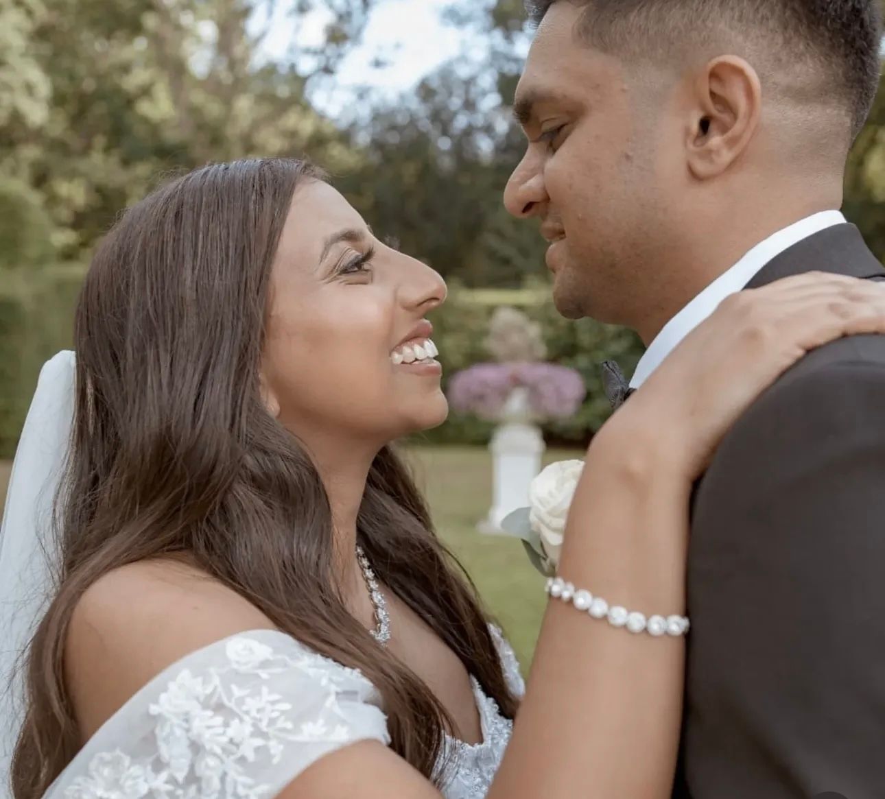A happy bride and groom share romantic moments in a wedding photo collage outdoors.