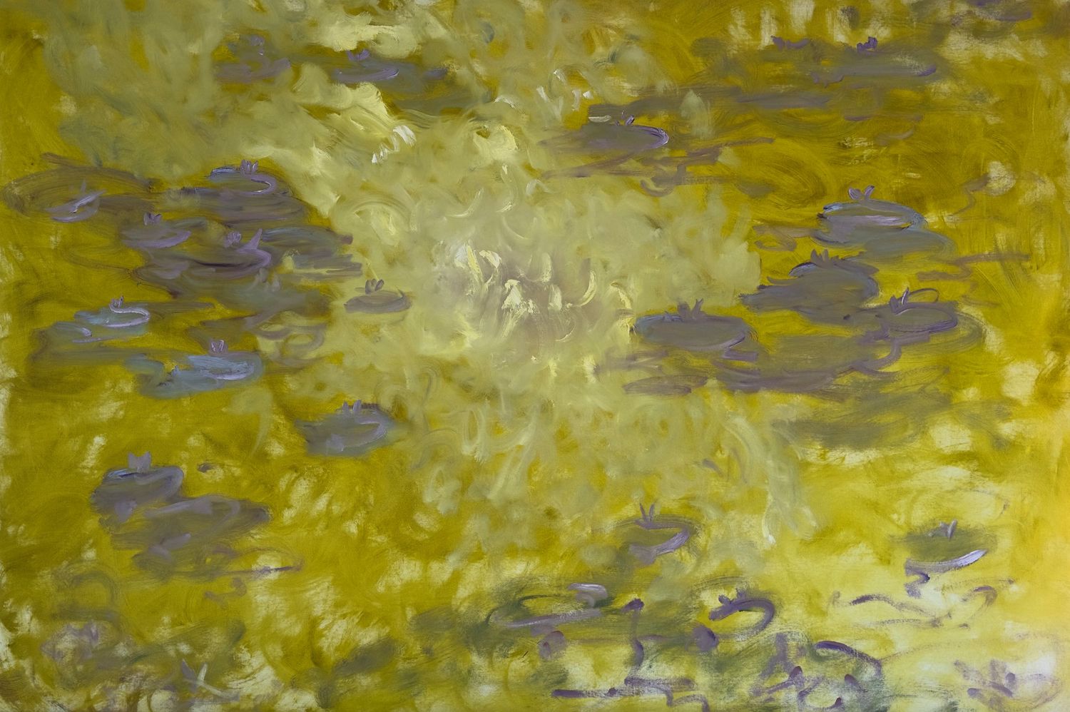 Abstract expressionist painting showcasing vibrant swirls of blue, pink, orange and green paint in dynamic brushstrokes.