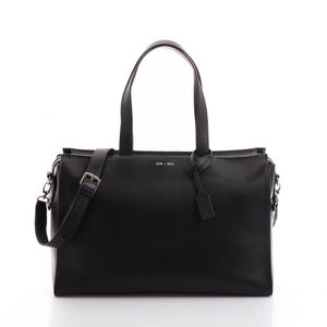 Sleek black leather duffle bag with silver hardware shown from multiple angles on white background.