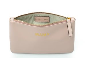 Beige leather cosmetic pouch with gold hardware and mint green interior lining shown from multiple angles.