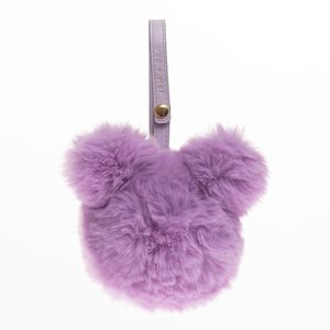 Fluffy purple faux fur Mickey Mouse shaped keychain or bag charm with lavender leather strap.