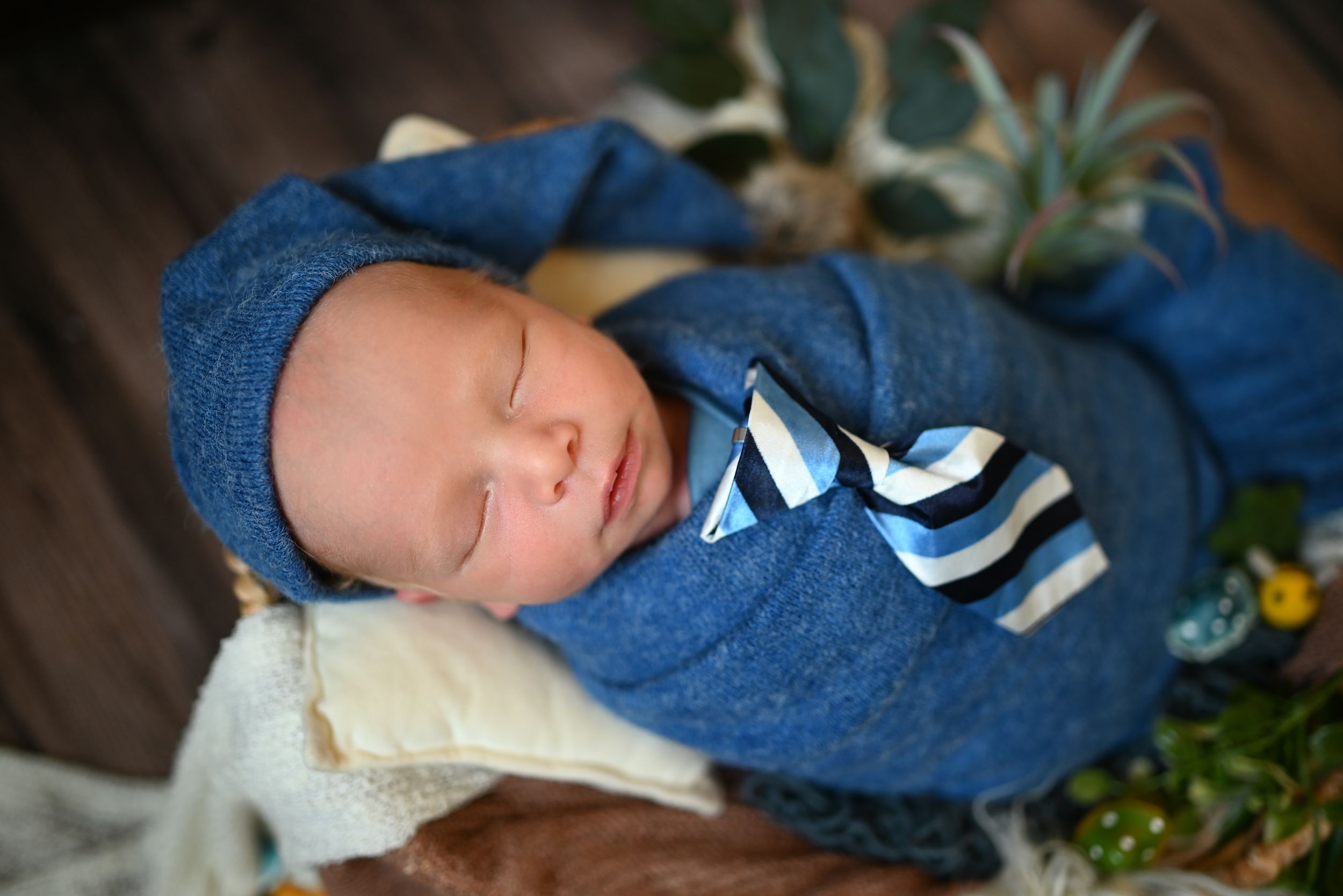 Sleeping baby wrapped in blue swaddling cloth with striped trim lays on wooden surface surrounded by greenery.