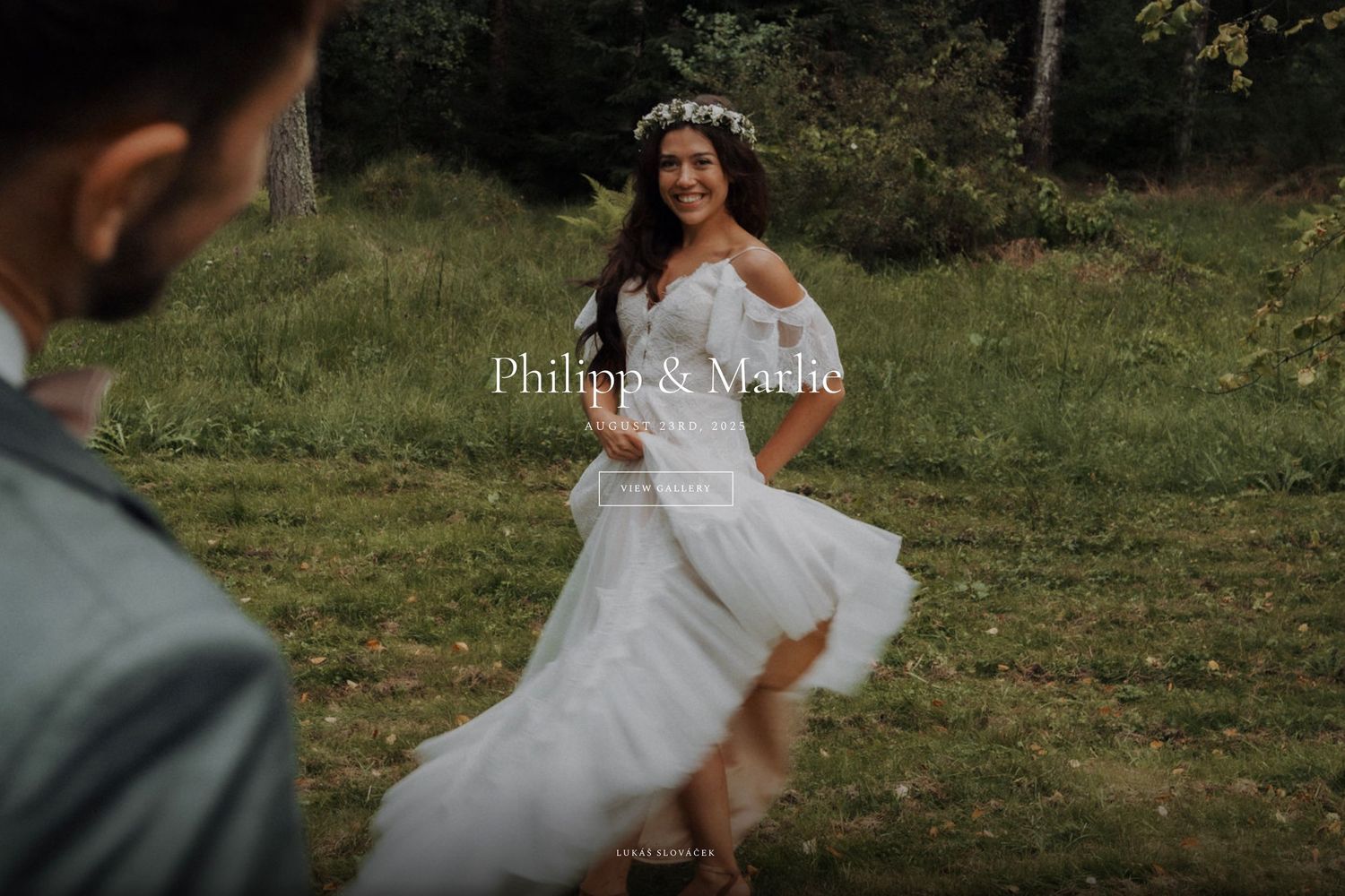 Romantic outdoor wedding photoshoot in a scenic natural setting.