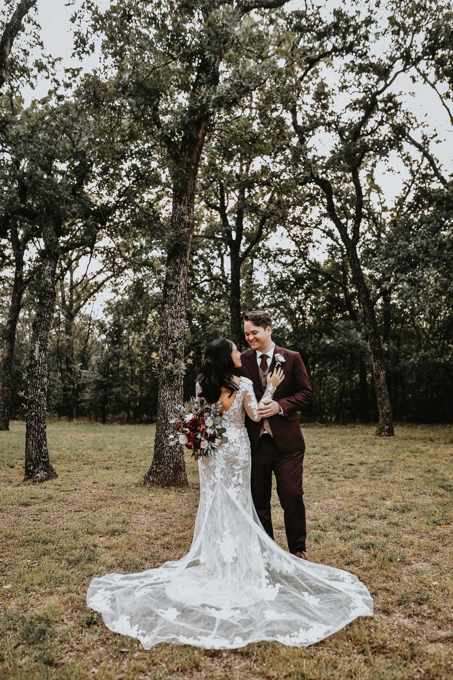 Bride and groom at Bentley Station in Lake Dallas during golden hour