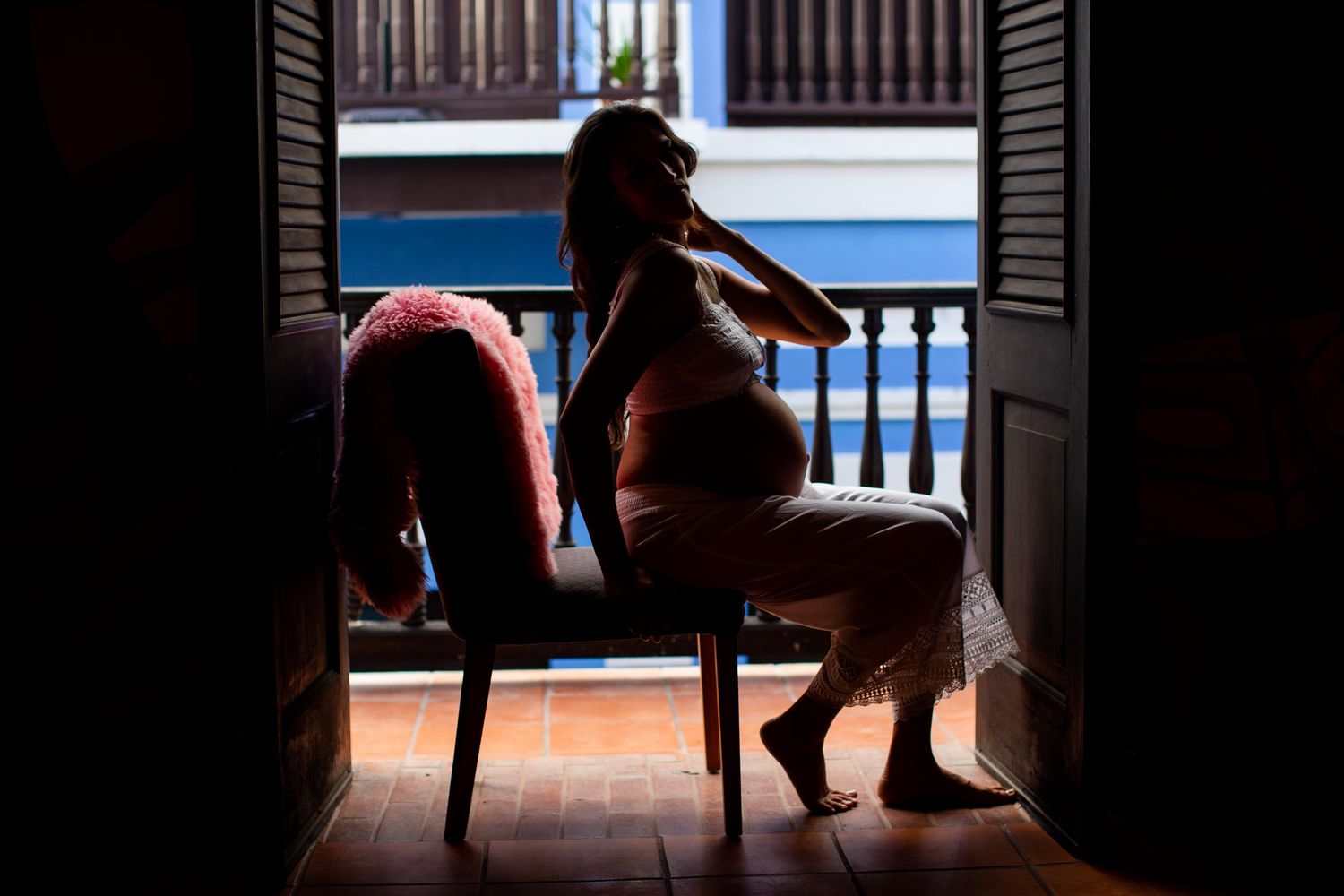 Silhouette portrait of a woman. Maternity portrait. Old San Juan, Puerto Rico.