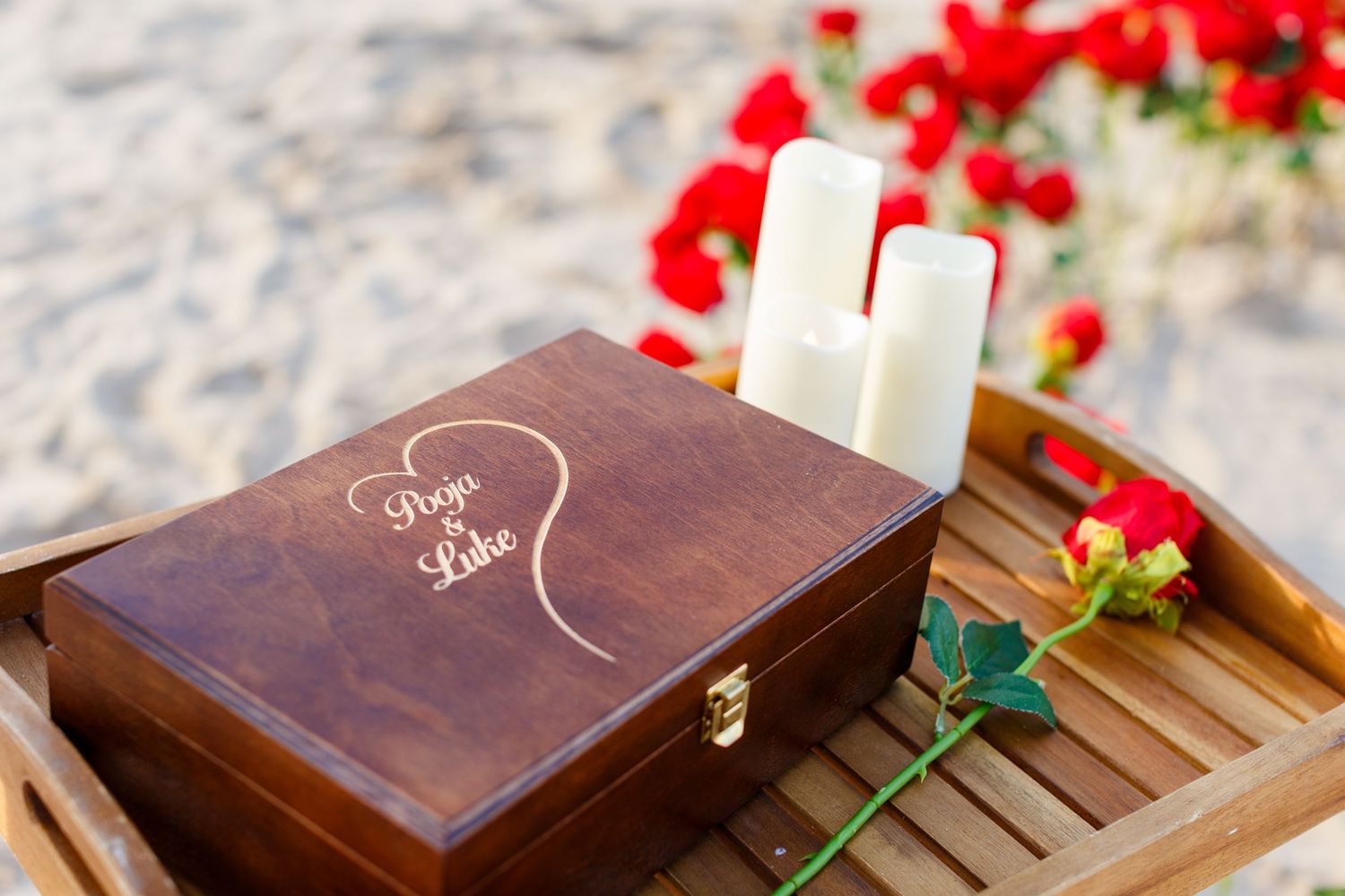 Etched wood box. Marriage proposal on the beach in Isla Verde, Carolina, Puerto Rico.